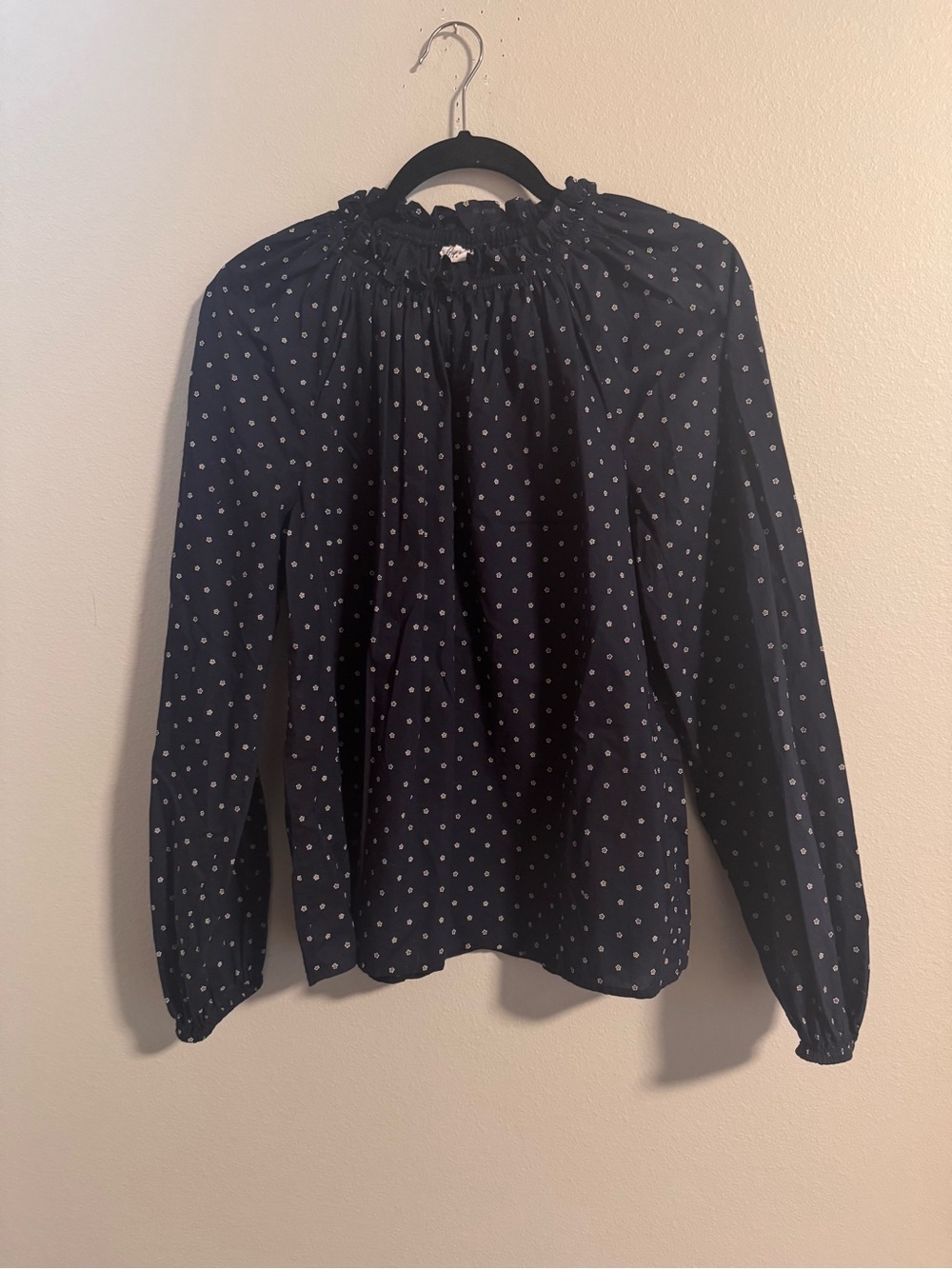 Gap Cotton Womens Navy Polka Dot Long Sleeve Smocked Neck Blouse